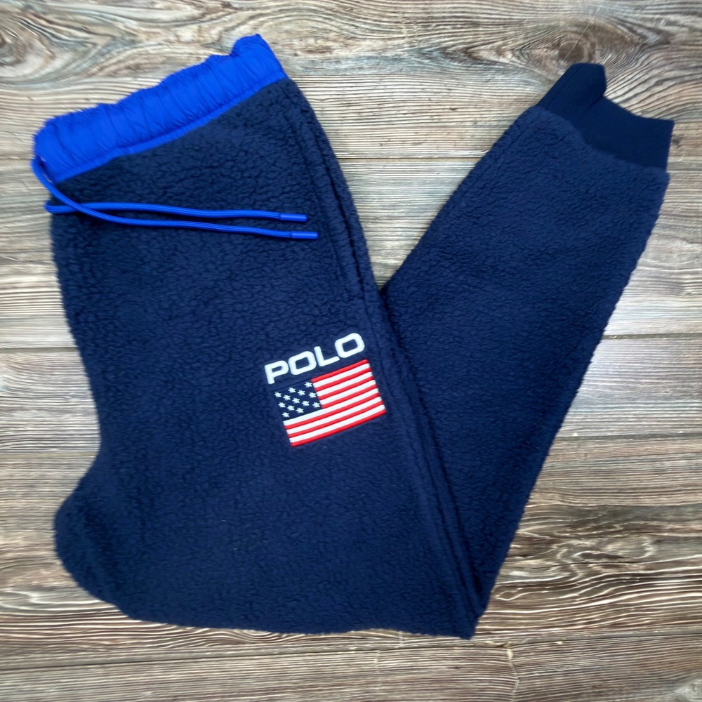 Polo Ralph Lauren Mens Medium Joggers Navy Blue Sherpa Fleece USA Flag CUT TAGS